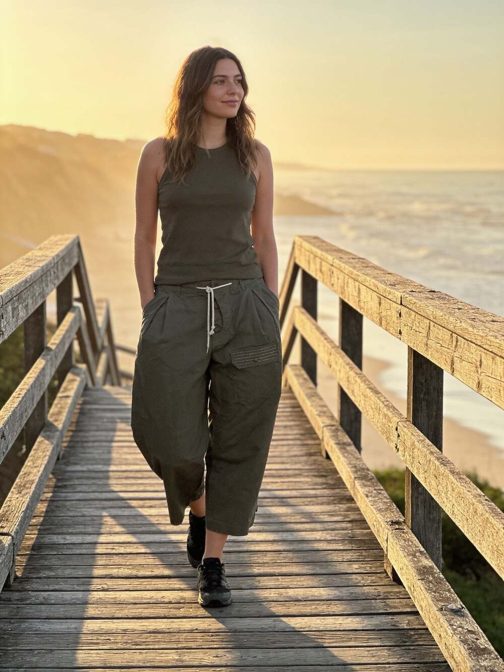 Fried Rice NYC Olive Green Wide-Leg Cargo Pants with Sashiko Stitching